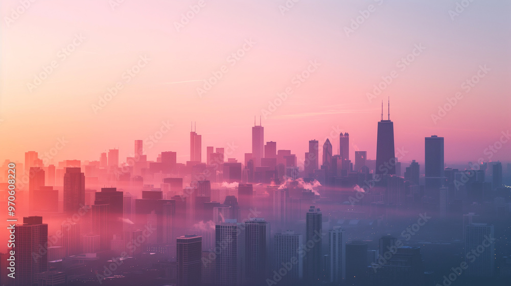 Fototapeta premium Misty City Skyline at Sunrise