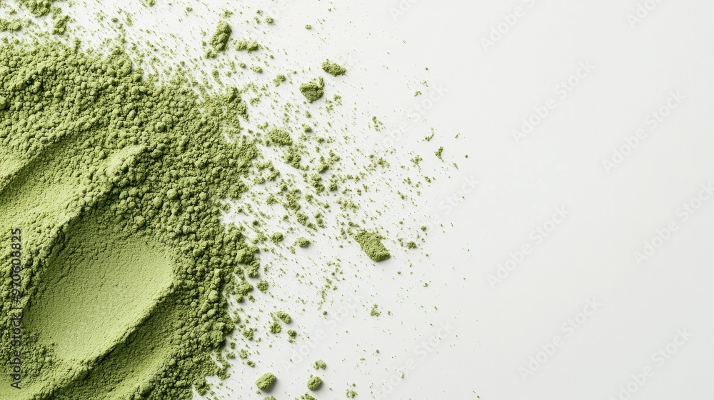 Matcha powder dusted in a neat arrangement on a clean white background, ideal for food and beverage imagery Matcha powder dusted in a neat arrangement on a clean white background, ideal for food and beverage imagery