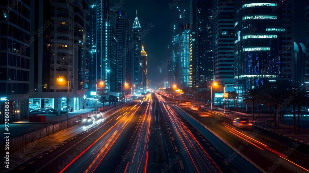 Obraz premium Nighttime Cityscape with Traffic Light Trails and Illuminated Buildings