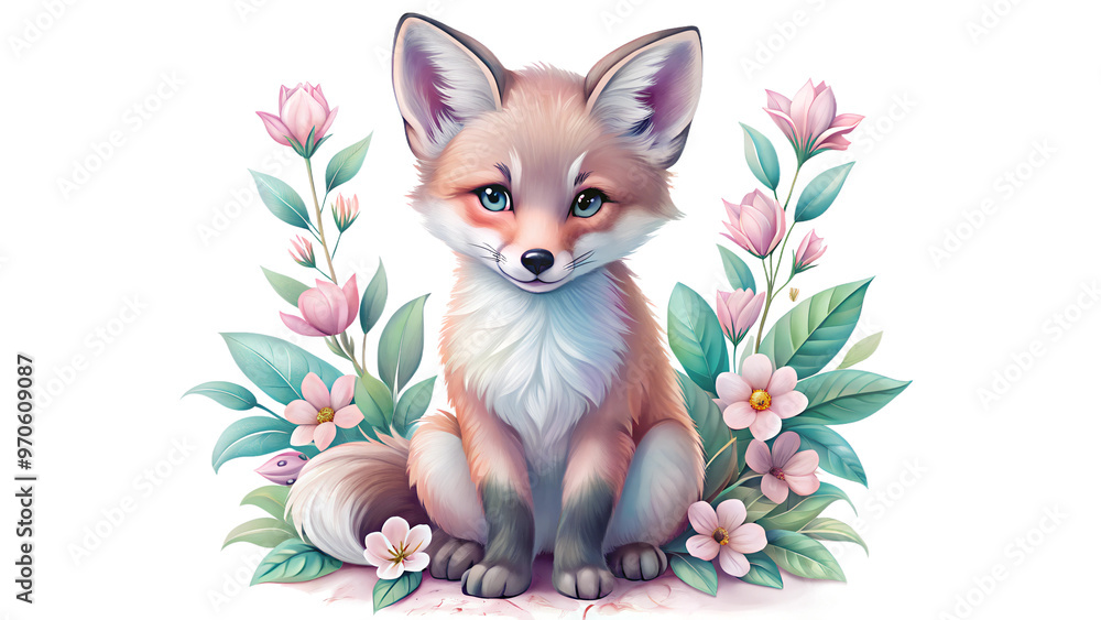 Obraz premium Watercolor Little Fox Cub on Transparent Background