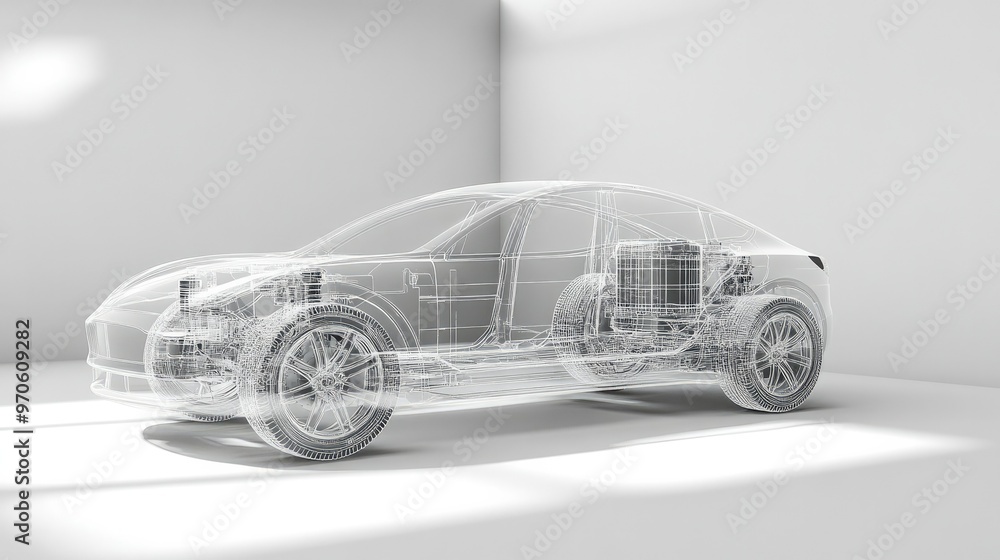 Fototapeta premium A 3D line art illustration of an electric car chassis with visible x-ray details of the battery, presented in a contemporary studio environment