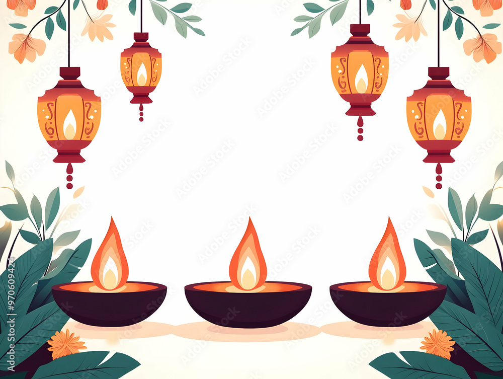 Elegant Flat Diwali Lanterns and Floating Diyas Border Frame with Tranquil Copy Space for Reflective Messaging | Simple Vector Illustration Elegant Flat Diwali Lanterns and Floating Diyas Border Frame with Tranquil Copy Space for Reflective Messaging | Simple Vector Illustration