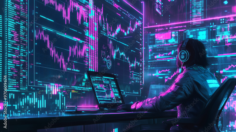 A cyberpunk trader in a neon-lit room with floating stock market charts in the background A cyberpunk trader in a neon-lit room with floating stock market charts in the background