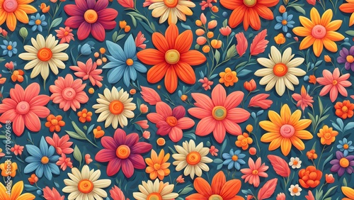 Colorful seamless floral pattern with various flowers and leaves on dark blue background.