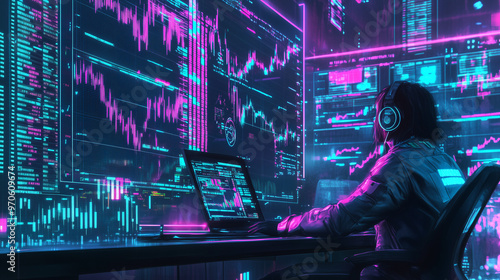 A cyberpunk trader in a neon-lit room with floating stock market charts in the background