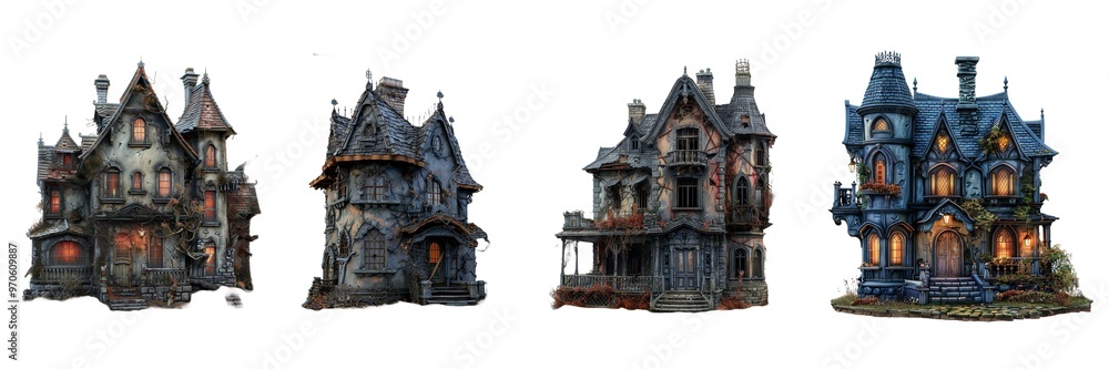 Collection of creepy house isolated on transparent background. Generated ai Collection of creepy house isolated on transparent background. Generated ai