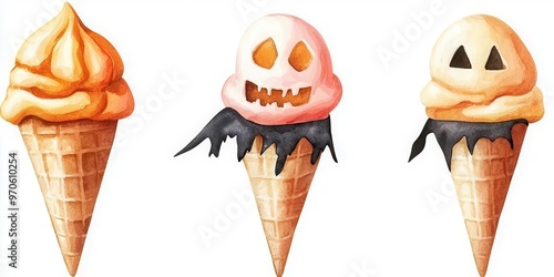 Watercolor Three Halloween-themed ice cream cones with spooky skulls and pumpkin designs, perfect for festive treats and autumn celebrations. Isolate on white background set photo