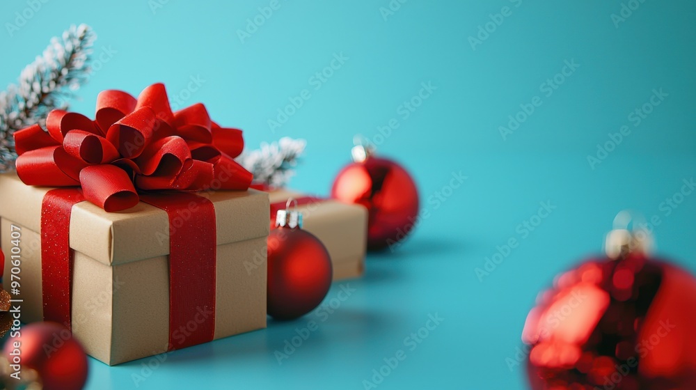 Obraz premium Beautifully Gift Wrapped Christmas Present with Red Bow and Festive Ornaments