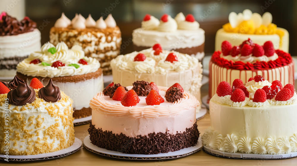 Various cakes with creamy and fruity fillings, decorated with berries, chocolate, and whipped cream Various cakes with creamy and fruity fillings, decorated with berries, chocolate, and whipped cream