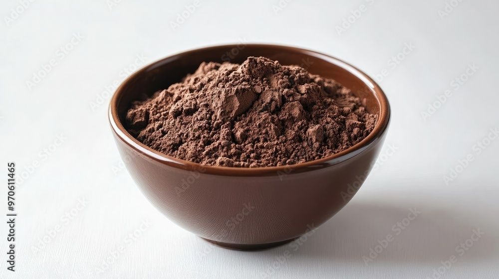 A bowl filled with chocolate powder set against a clean white surface, emphasizing its rich color and fine texture A bowl filled with chocolate powder set against a clean white surface, emphasizing its rich color and fine texture