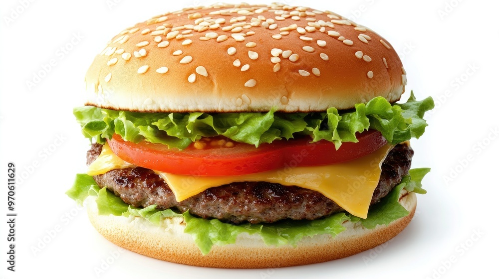 A burger with layers of fresh ingredients, including lettuce, tomato, and cheese, isolated on a white background A burger with layers of fresh ingredients, including lettuce, tomato, and cheese, isolated on a white background