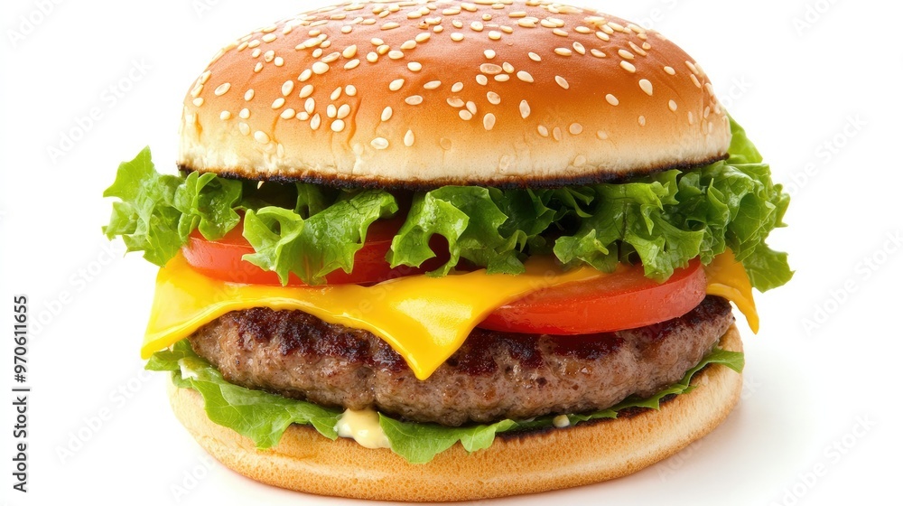 A burger with layers of fresh ingredients, including lettuce, tomato, and cheese, isolated on a white background A burger with layers of fresh ingredients, including lettuce, tomato, and cheese, isolated on a white background