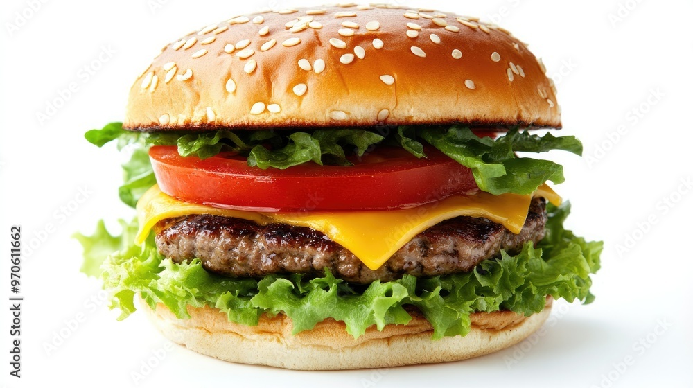 A burger with layers of fresh ingredients, including lettuce, tomato, and cheese, isolated on a white background A burger with layers of fresh ingredients, including lettuce, tomato, and cheese, isolated on a white background