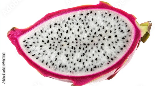 A close-up of a slice of dragon fruit with its white flesh and black seeds, isolated on a clean white background