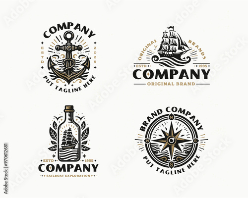 set vintage classic marine sailboat nautical emblem logo for business company
