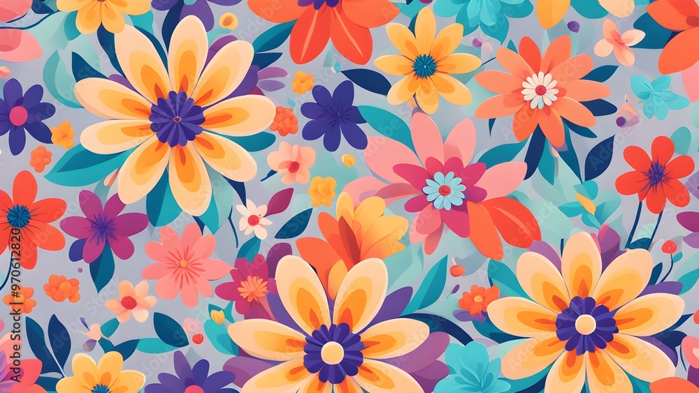 A seamless pattern of colorful flowers and leaves on a light blue background. A seamless pattern of colorful flowers and leaves on a light blue background.