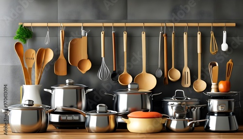 Variety of colorful kitchen utensils arranged artfully on a countertop photo