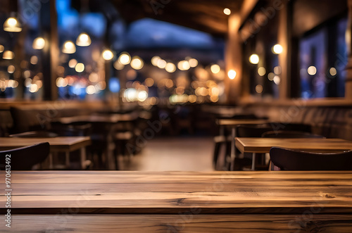 photo wooden table and blurred background of outdoor restaurant with bokeh light 