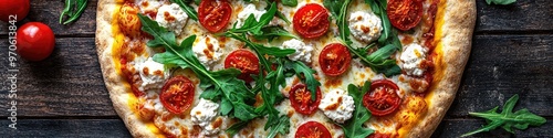 Vegan stonebaked pizza with arugula tomatoes almond ricotta photo