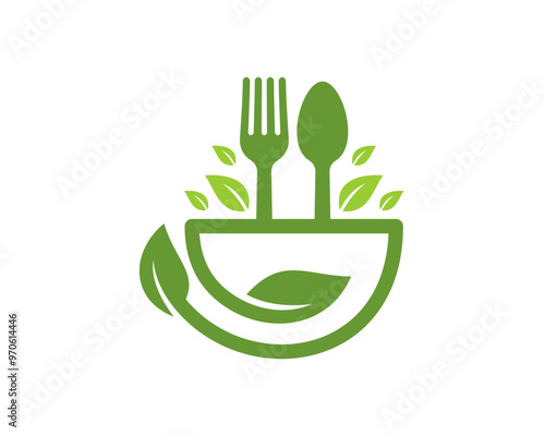 Bowl leaf, fork and spoon incroporating vector logo