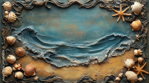 Textured artwork depicting ocean waves with seashells and starfish. photo