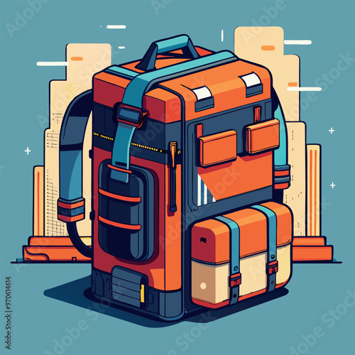Adobe Illustrator Artwork Illustrate a modular backpack that can be customized with different compartments and pouches.