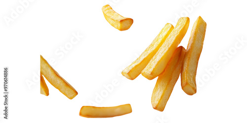 Close-Up of Golden French Fries Falling  on transparent background photo