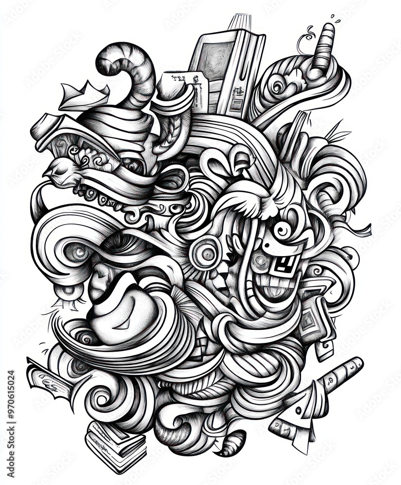Abstract black and white line art design with a variety of objects embedded within the lines. Abstract black and white line art design with a variety of objects embedded within the lines.