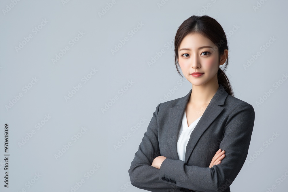 Portrait of confident young beautiful Asian Korean businesswoman in suit standing with arms crossed and looking at camera. Gray studio background. Isolated. Portrait of confident young beautiful Asian Korean businesswoman in suit standing with arms crossed and looking at camera. Gray studio background. Isolated.