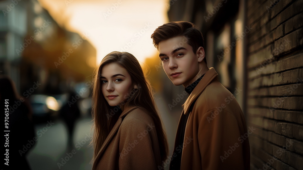 On an autumn day, a woman and man couple model, wearing beige coats, stand side by side, looking at the camera against the backdrop of a sunset city street. Fall clothing fashion advertising model. On an autumn day, a woman and man couple model, wearing beige coats, stand side by side, looking at the camera against the backdrop of a sunset city street. Fall clothing fashion advertising model.