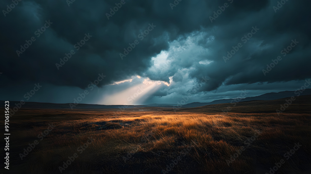 Fototapeta premium Dramatic Sky Over Grassy Field With Sun Rays Breaking Through Clouds