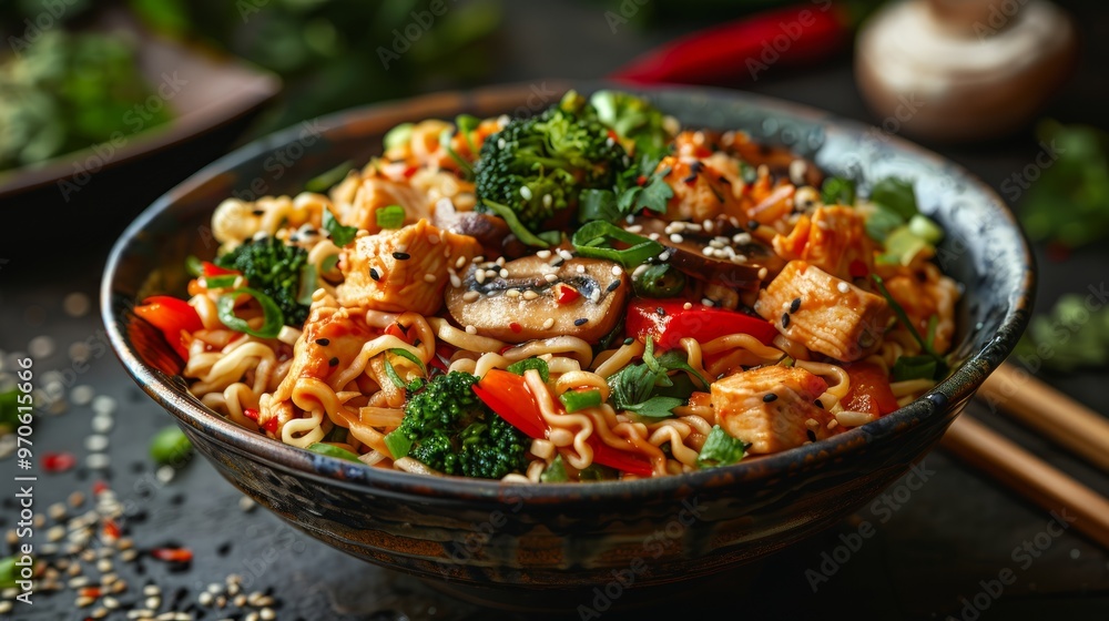 Ramen Noodles with Broccoli, Bell Pepper, Mushroom, and Chicken in a Bowl with Chopsticks, Asian Food Photography. Ramen Noodles with Broccoli, Bell Pepper, Mushroom, and Chicken in a Bowl with Chopsticks, Asian Food Photography.