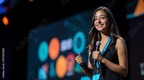 A portrait of a young and beautiful woman standing on a stage in a conference hall with a screen installed, holding a microphone and smiling while giving a lecture, presentation, or speech.