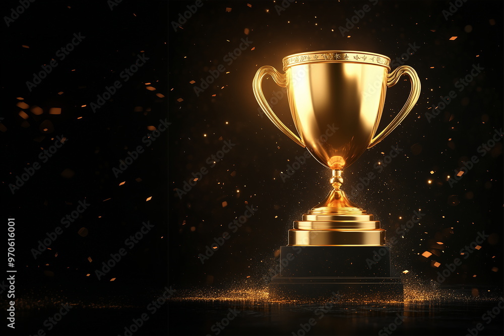 A shiny golden trophy placed on a black space with golden particles flying around. Win, award, award ceremony, prize, trophy, competition, champion. A shiny golden trophy placed on a black space with golden particles flying around. Win, award, award ceremony, prize, trophy, competition, champion.