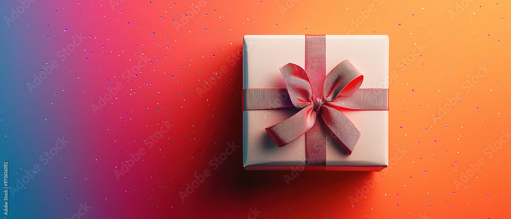 A gift box with a ribbon on the top, against a vibrant background, in a top-down view A gift box with a ribbon on the top, against a vibrant background, in a top-down view