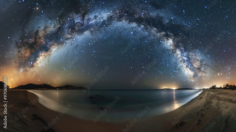 Fototapeta premium A breathtaking panoramic view of the Milky Way arching over a serene beach at night, with stars reflecting on the calm water, creating a magical atmosphere.
