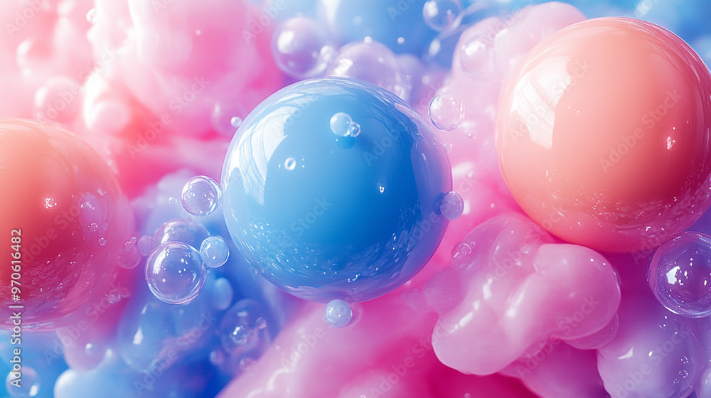 Colorful spheres in a dreamy background of pink and blue bubbles create a whimsical and playful atmosphere. Colorful spheres in a dreamy background of pink and blue bubbles create a whimsical and playful atmosphere.