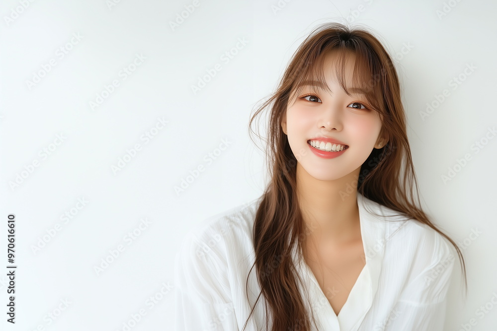 Portrait of young and beautiful Korean female model smiling at camera in studio on white background. Girl model with clear and pure image. Portrait of young and beautiful Korean female model smiling at camera in studio on white background. Girl model with clear and pure image.