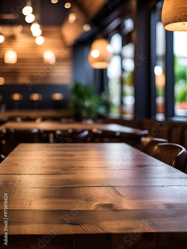 photo wooden table and blurred background of outdoor restaurant with bokeh light 