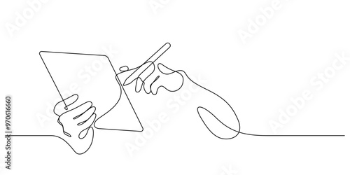 hand using tablet with digital stylus pen continuous line drawing