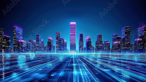 A futuristic cityscape featuring tall skyscrapers illuminated with neon pink and blue lights, surrounded by digital grids and glowing pathways, creating a high-tech, cyberpunk atmosphere.