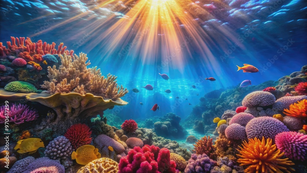 Fototapeta premium Vibrant coral reef illuminated by sunlight, underwater scene, coral, reef, underwater, colorful, sunlight, ocean