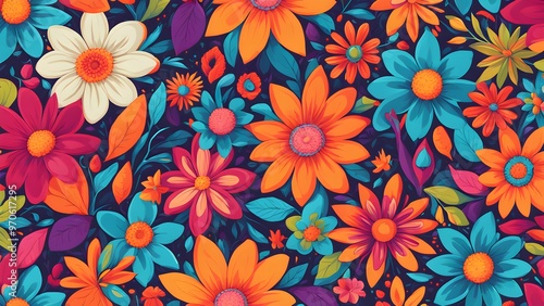 Wallpaper Mural Seamless pattern of colorful flowers and leaves on a dark blue background. Torontodigital.ca