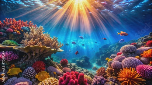 Vibrant coral reef illuminated by sunlight, underwater scene, coral, reef, underwater, colorful, sunlight, ocean