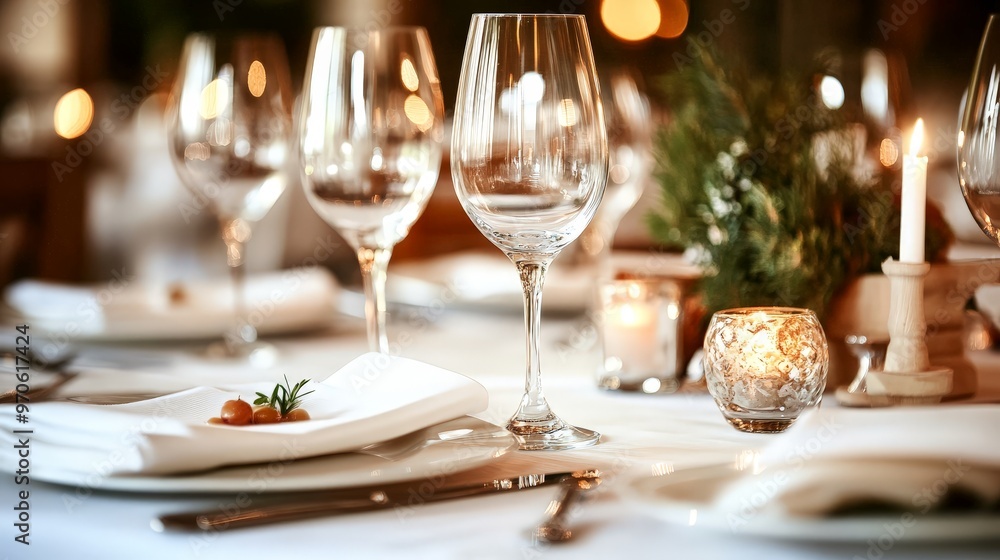 Picture a beautifully set table in a fine dining restaurant, complete with elegant tableware and a candlelit ambiance Picture a beautifully set table in a fine dining restaurant, complete with elegant tableware and a candlelit ambiance