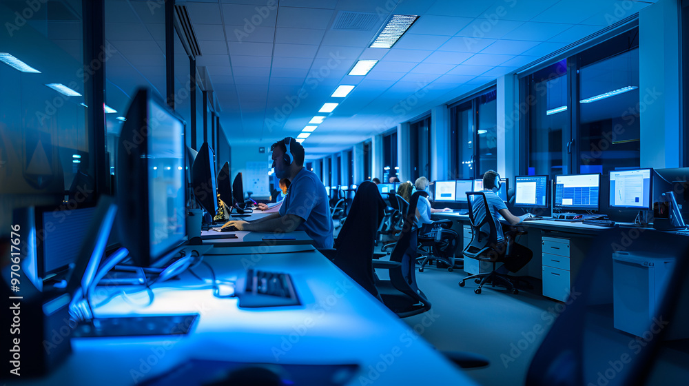 Late Night Coding: A serene and focused atmosphere fills the office as a team of programmers diligently work late into the night, illuminated by the glow of computer screens in a modern, minimalist wo Late Night Coding: A serene and focused atmosphere fills the office as a team of programmers diligently work late into the night, illuminated by the glow of computer screens in a modern, minimalist wo