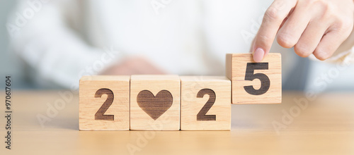 Happy New Year 2025 with heart block for health care, love, organ donation, resolution, charity, happy family, wellbeing and insurance concepts