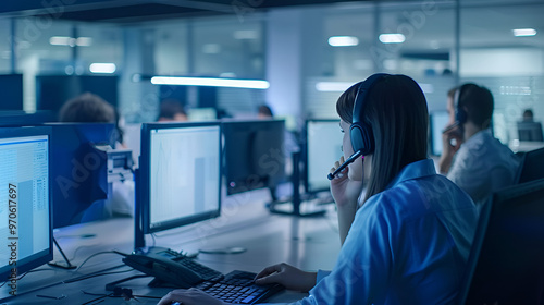 Night Shift: Focused Customer Support Agent Assisting Clients in Busy Call Center