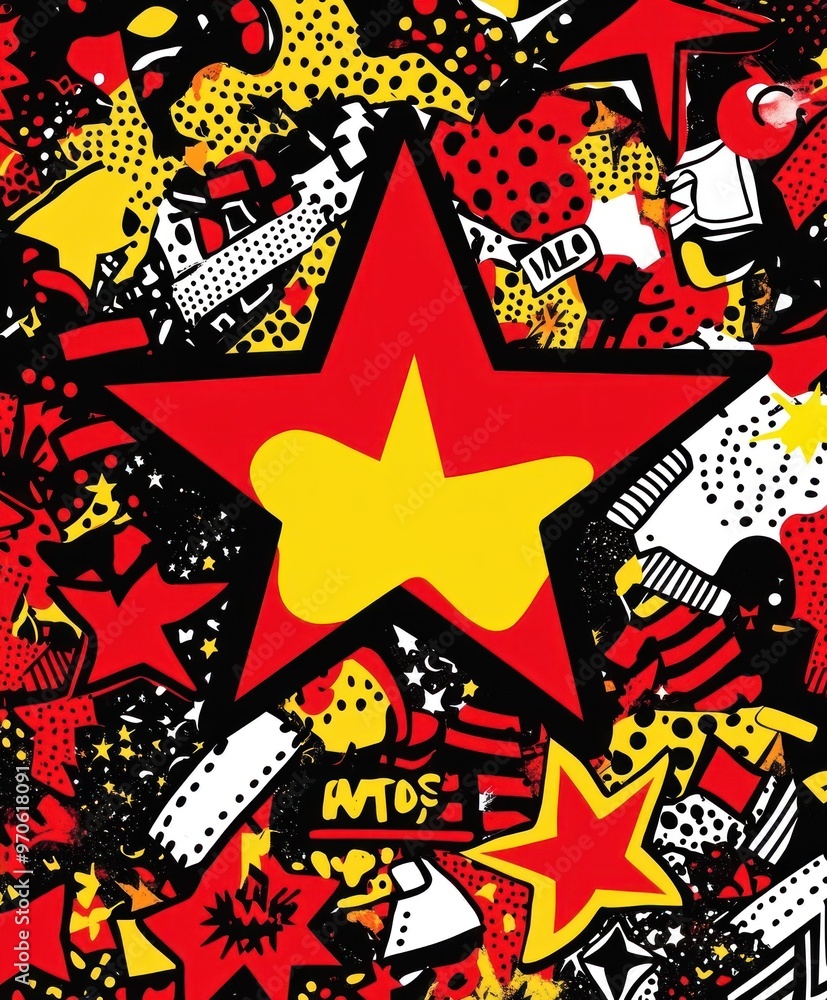 A bright red and yellow star stands out against a background of black, white, and red polka dots and other abstract shapes. A bright red and yellow star stands out against a background of black, white, and red polka dots and other abstract shapes.