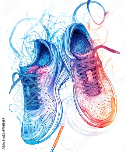 A pair of running shoes with a colorful abstract background.